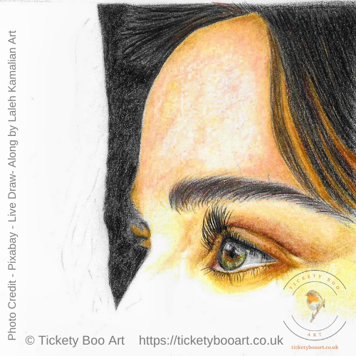 Are you there? a girls face drawn in coloured pencil